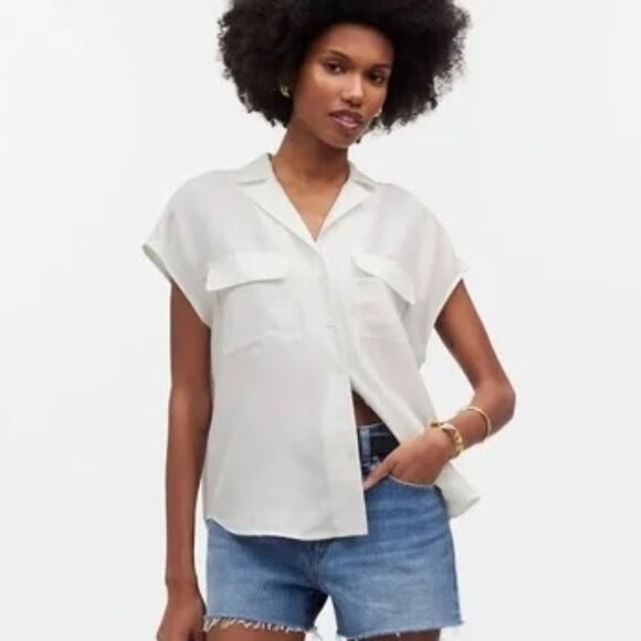 Madewell Ivory Button-Down Cap-Sleeve Utility Shirt -- 100% Silk -- size XL - Picture 1 of 8